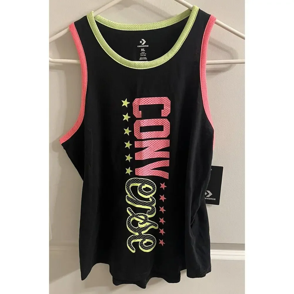 Converse girls black tank‎ top w/ neon yellow & pink size XL stars sporty